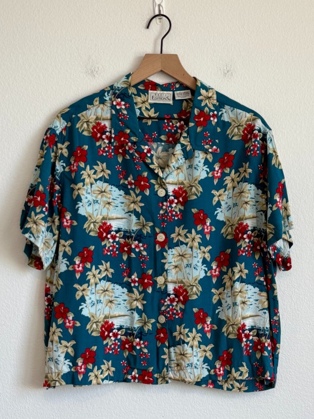 Vintage 90s Tropical Teal Hibiscus Rayon Camp Shirt XL Coastal Grandma Boho
